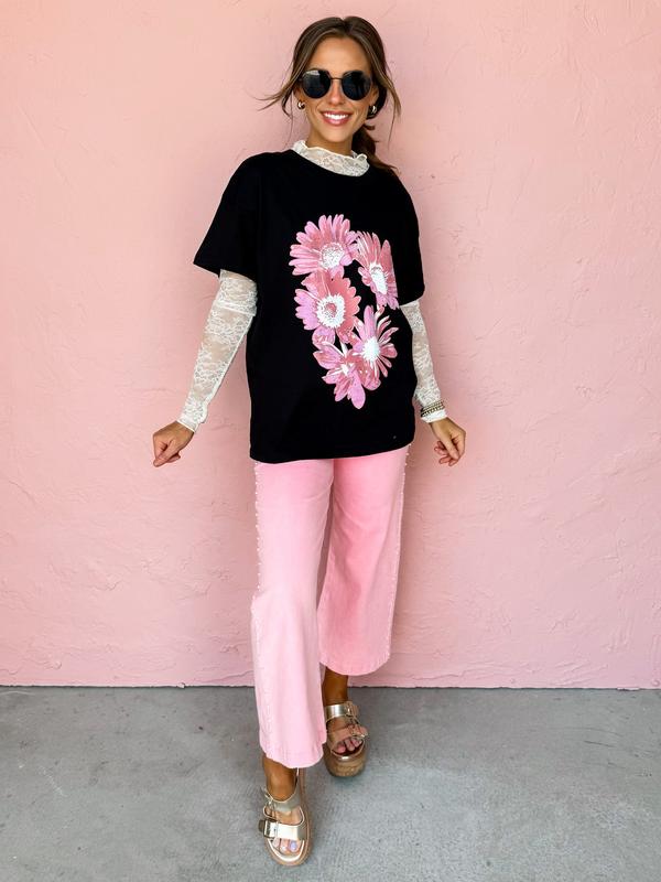 Visiting Italy Pearl Embellished Wide Leg Jeans-Pink