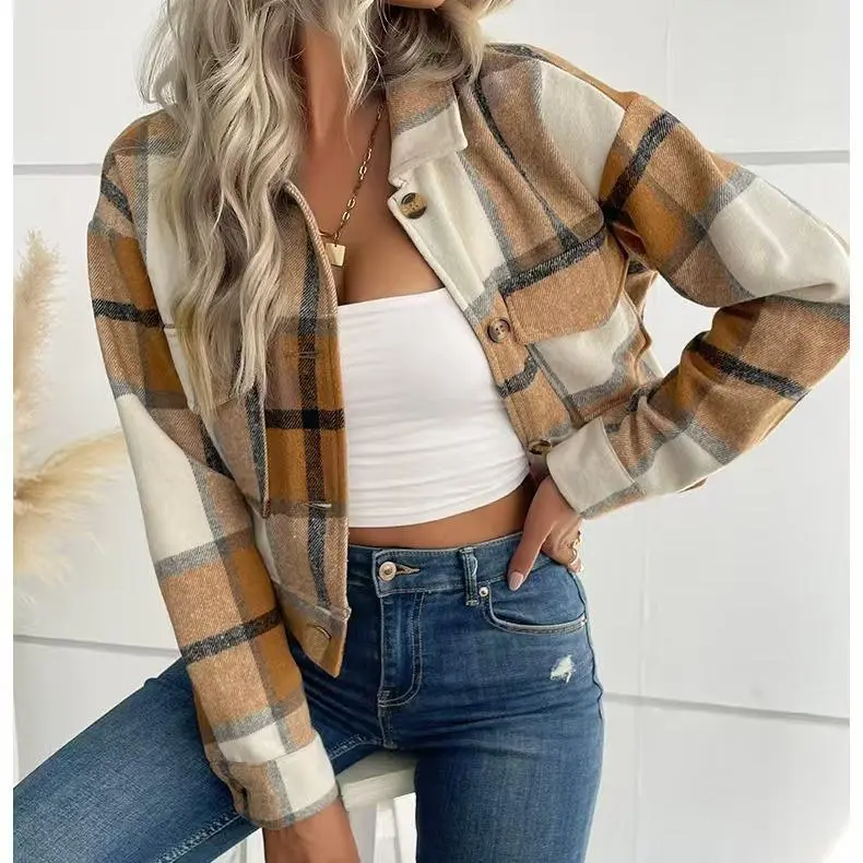 Long Sleeve Flannel Cropped Shacket Plaid Button Down Shirt Jackets For Women With Lapel Pockets