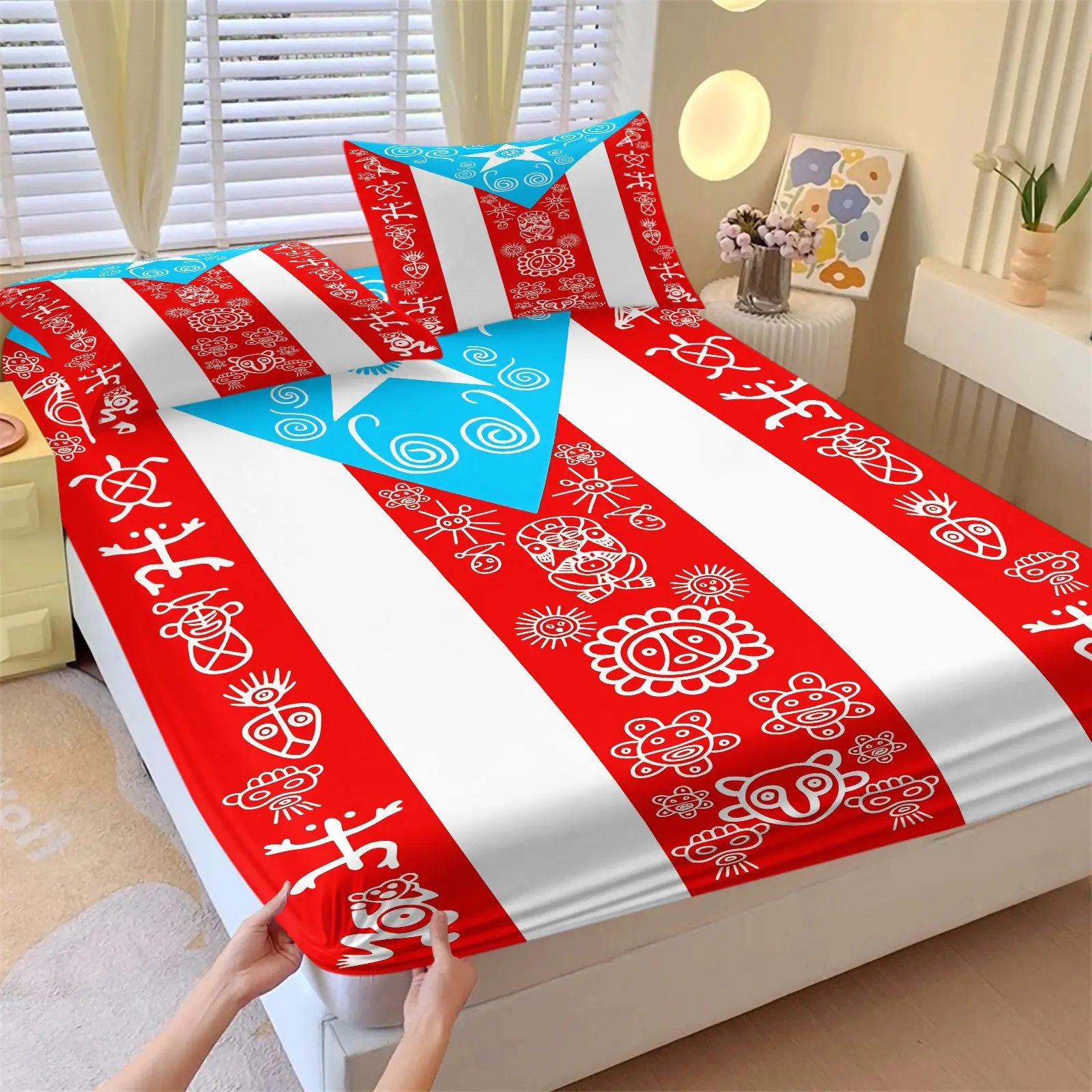 Puerto Rican Taino Tribal Print Bed Sheet Set, Blue Design, Includes 2 Pillowcases, Durable Non-Slip Mattress Protector, All-Season Bedroom Decor, Decorative Bedding Set, Bed Sheets Set