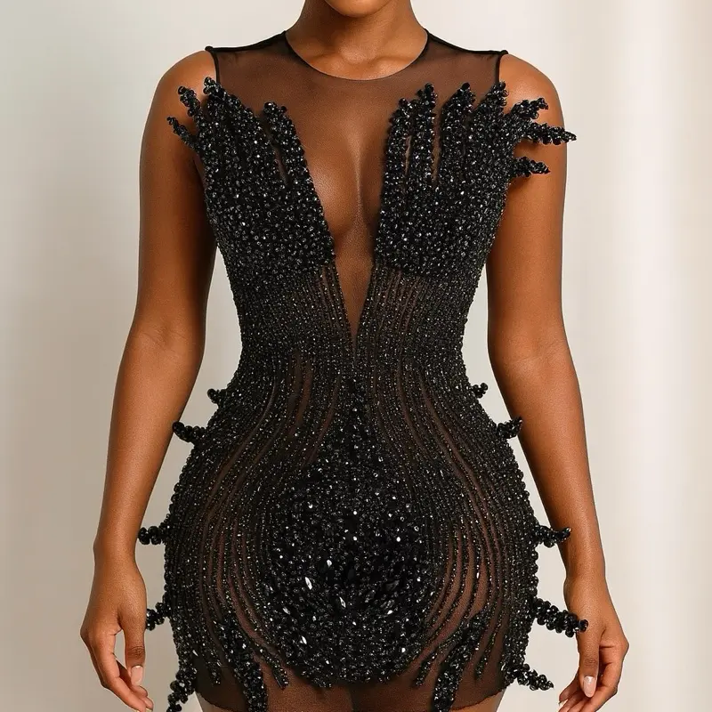 Noir Crystal Diamond Mini Dress - Black Beaded Sleeveless Evening Gown with Deep V-Neckline and Fringe Details