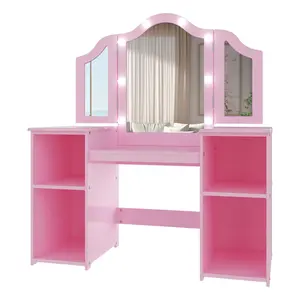 Garvee 2-in-1 Wooden Changing Table Set with Foldable Mirror, Stool, Removable Top, and Drawer; Princess Makeup Vanity with Touch Light, Triple Foldable Mirror, Storage Closet, and Chair for Imaginative Play