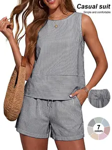 Women's Sleeveless Tank Top & High Waist Shorts, Striped Pattern, Elastic Waist Design, Casual Fitted Style, All-Season Wear