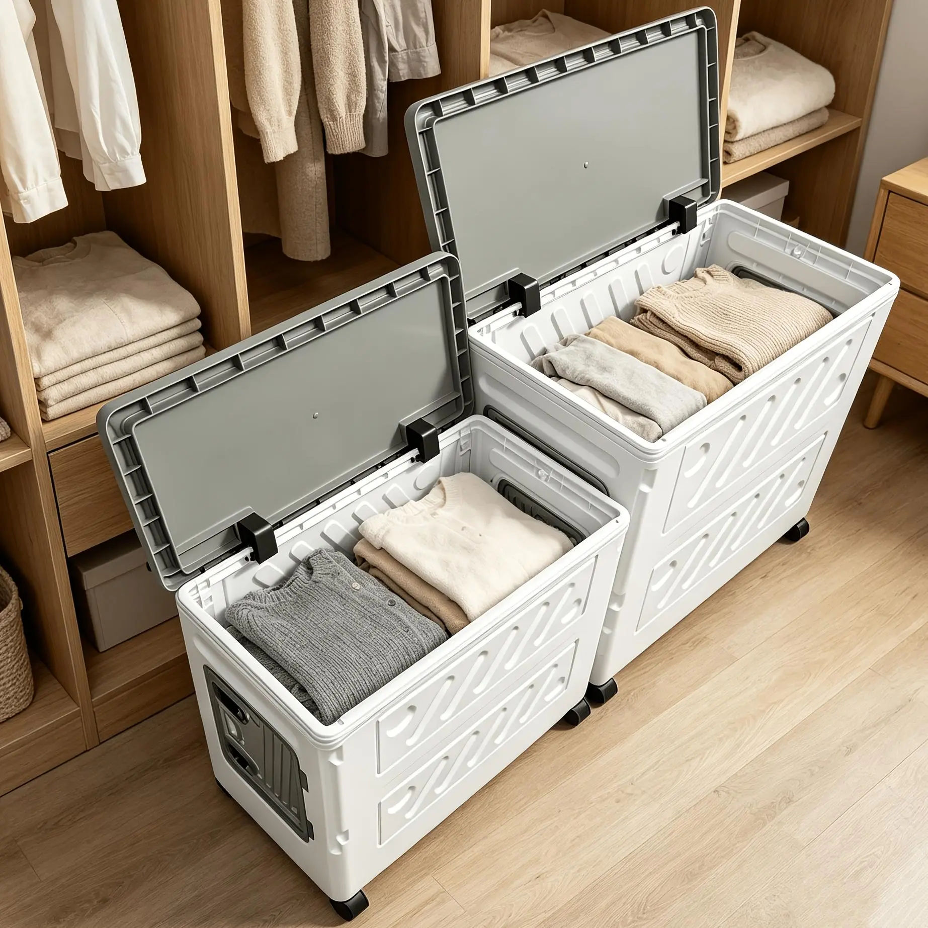 4Pcs Heavy Duty Rectangular Wheeled Bin Set - Rigid Bins with Lids, Foldable Waterproof Plastic Storage Containers, Foldable Storage Solutions (23.6/19 in) with 4 Wheels, Stackable for Bedroom Wardrobe