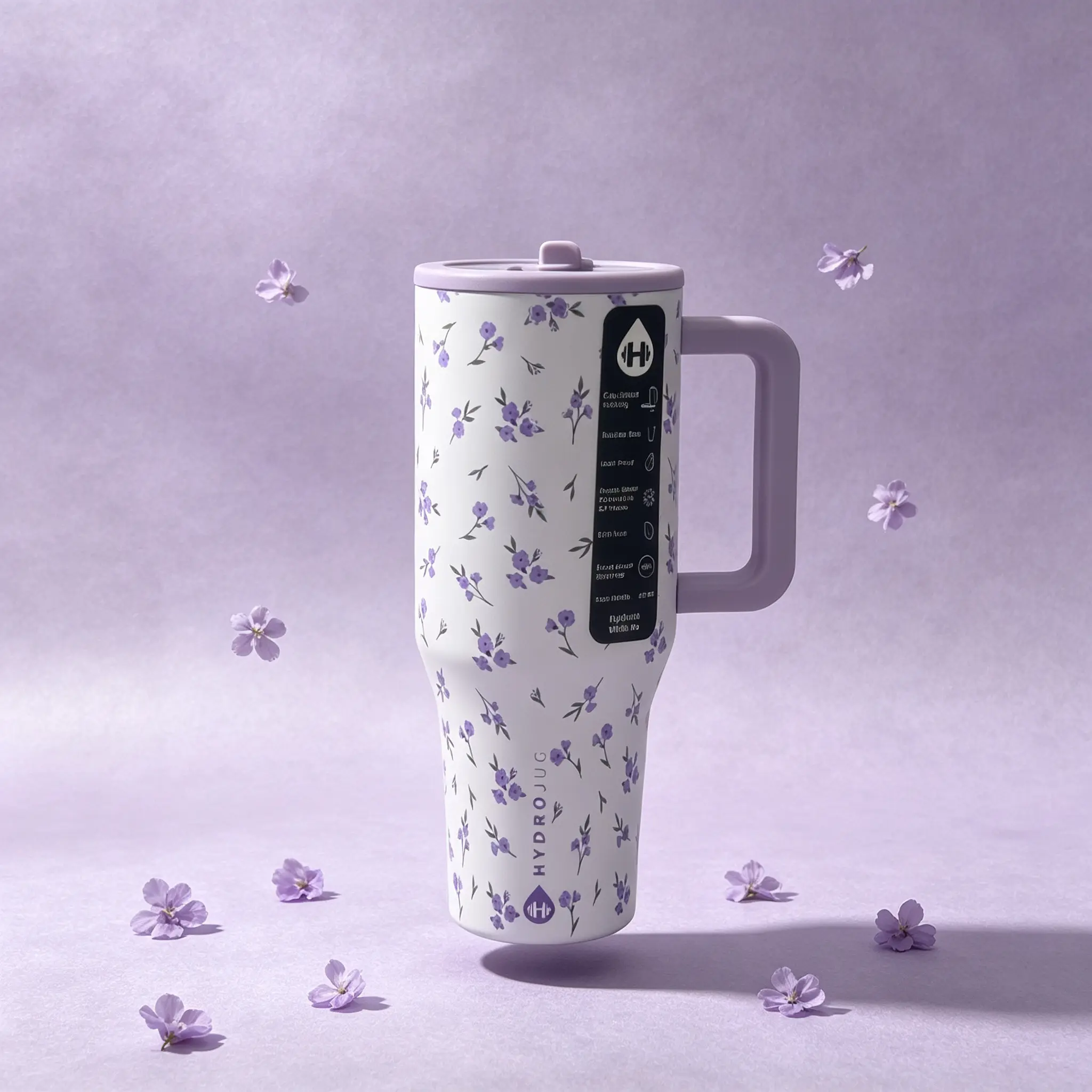 40oz Insulated Stainless Steel Flask - Soft Lavender Floral HydroJug, Leakproof Heat-Resistant Travel Tumbler with Large Handle Flip Top, Girly Look Purple Print Aesthetic Drinkware for Adults, Flasks, Insulated Coffee Tumbler