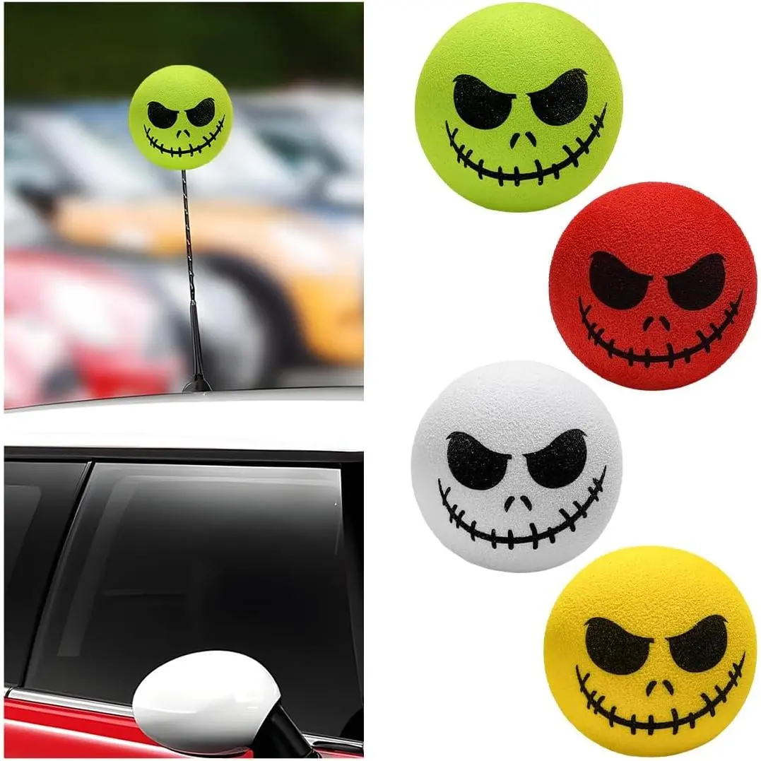 4 PCS Car Antenna Toppers, Skull Spooky Smile EVA Doll Auto Antenna Ball, Halloween Skull Smile Face Anti-Collision Antenna Topper for Most Vehicles, Car Accessories