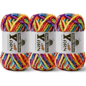 3 Pack Plush Chenille Chunky Yarn - Fluffy Velvet Yarn Crochet for Blanket Knitting and Crocheting - Soft Baby Yarns for Crocheting - Amigurumi Crochet Yarns 100g (87yds) (3 Rainbow)