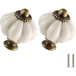 2 Pack Antique White Pumpkin Ceramic Cabinet Knobs Vintage Drawer Pulls with Screws for Closet Drawer Cupboard DIY Home Project