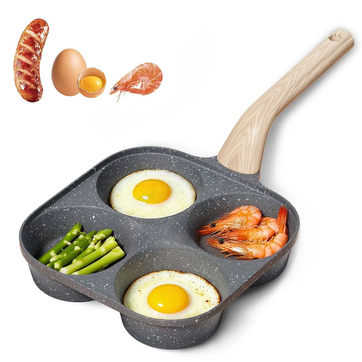 4-Slot Stone Coating Frying Pan – Non-Stick Omelet Maker for Eggs, Pancakes, Shrimp & Burgers with Wooden Handle