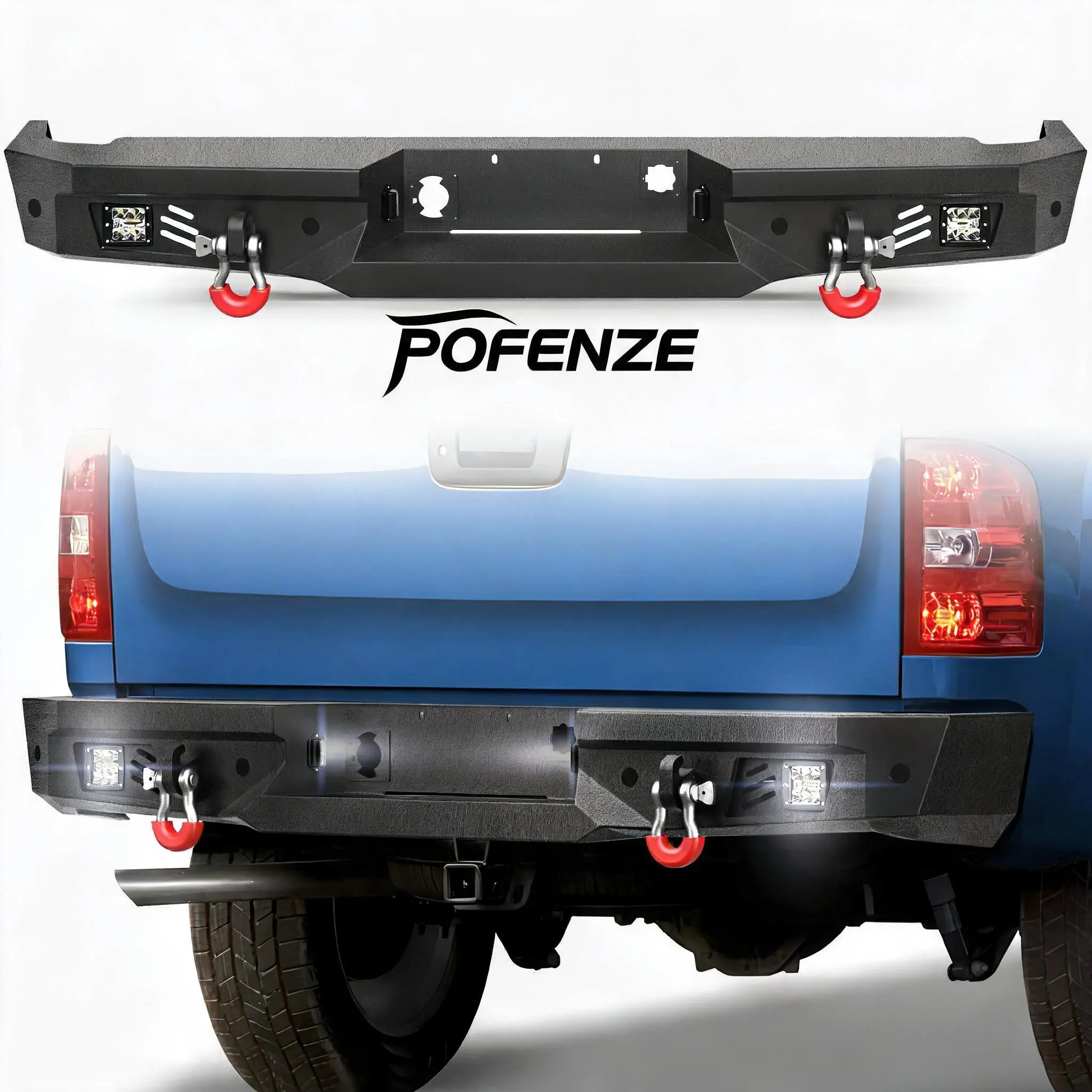 POFENZE-Mestan Textured Black Rear Bumper for 2007-2013 Chevy/GMC Silverado 1500, Silverado 1500 Accessories with Parking Sensor Holes, Step Plate, Light Integration, D-Ring Mounts