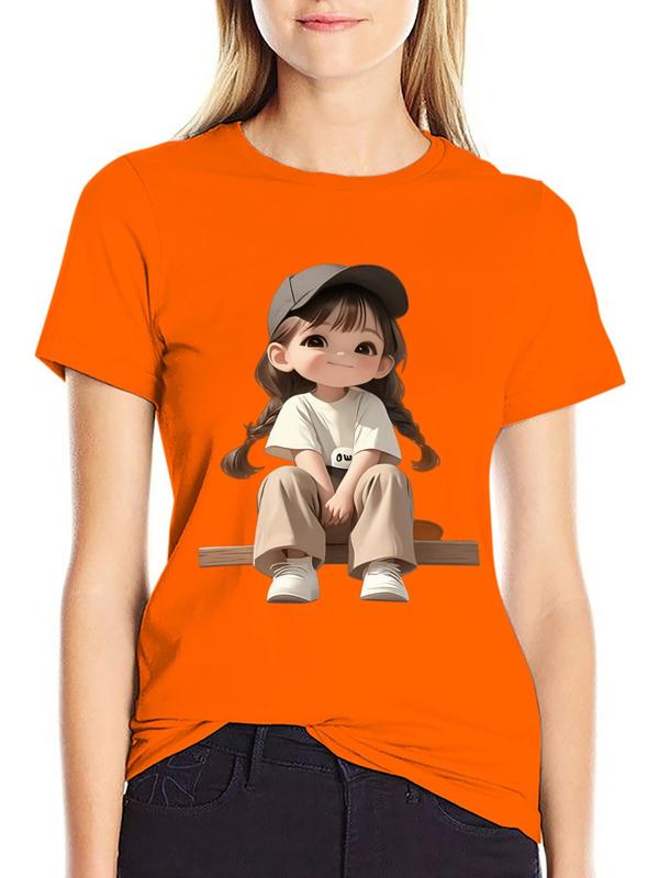 Women's Pure Cotton Graphic T-Shirt - Cute Chibi Girl Cap Braids Sitting Print, Short Sleeves, Crew Neck, Breathable Fabric, Fitted Cut, Machine Washable Kawaii Halloween Casual Top