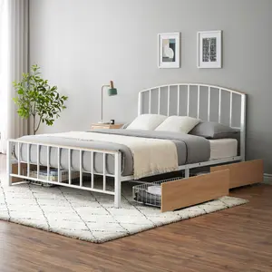 Full Size Platform Bed Frame with 4 Storage Drawers on Wheels Queen Platform Bed Frame with Headboard and Footboard, Mattress Foundation with Metal Slats Support, No Box Spring Needed