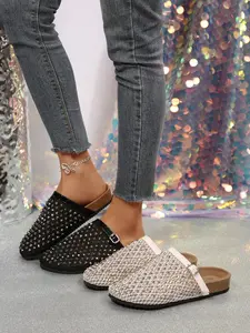 Women's Rhinestone Mesh Closed Toe Mule Slides | Adjustable Buckle Cork Sole Slip-On Multiple Colors 2-Way Wear Indoor & Outdoor Casual Slippers Clogs