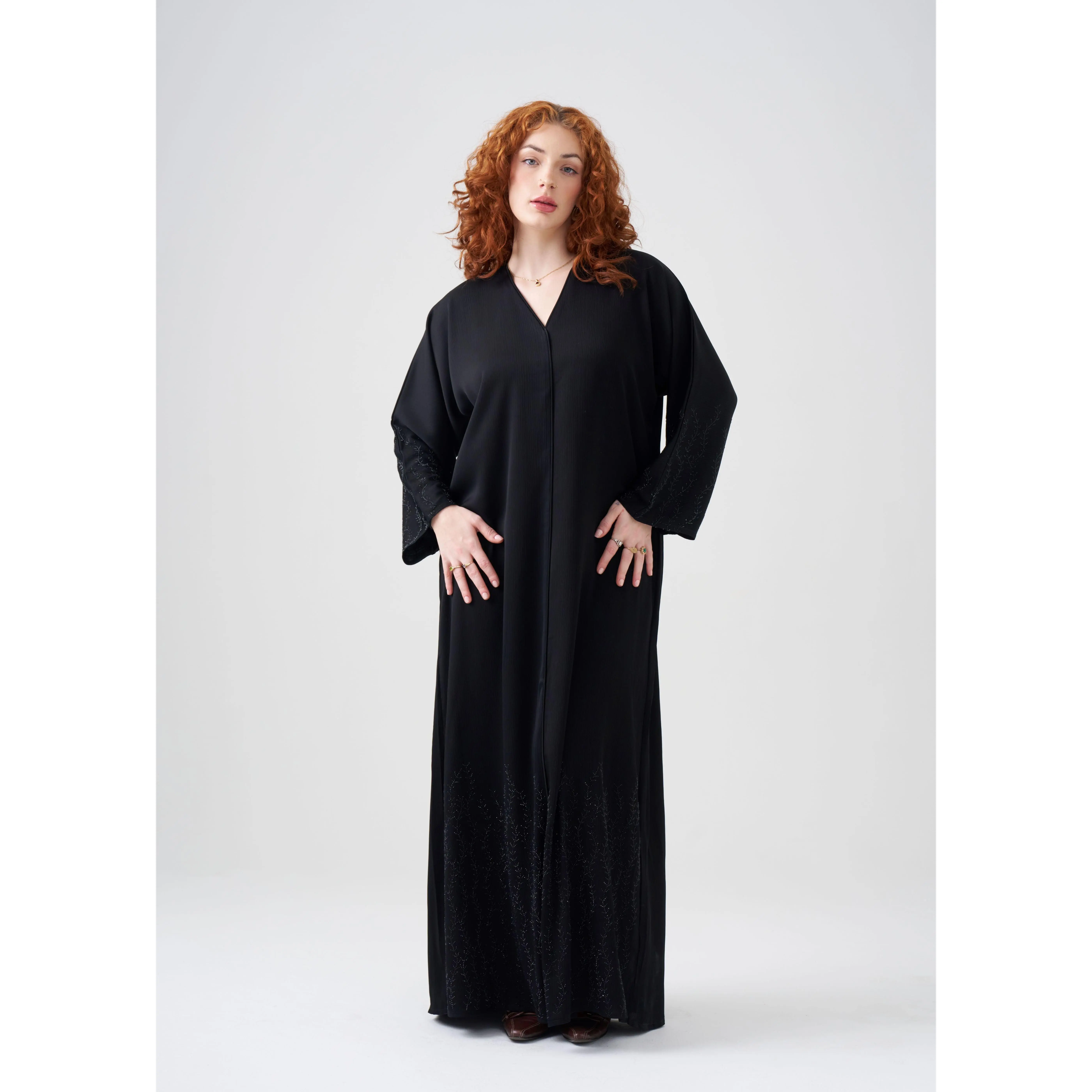 Straight-fit Black Abaya | Beaded Design | Hijab Included