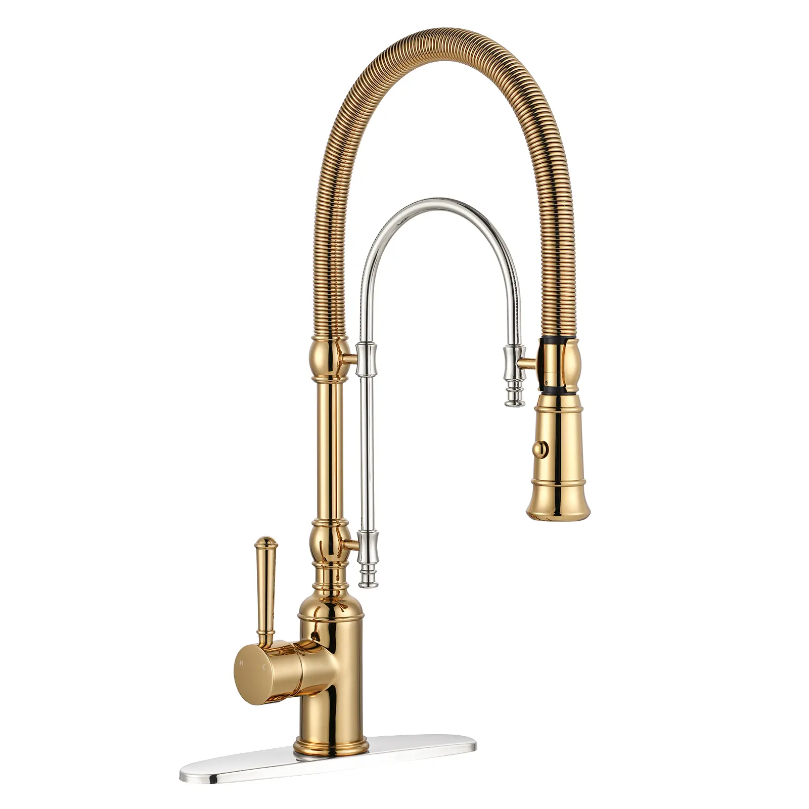 WOWOW 3-Function Single Handle Gooseneck Pull Down Sprayer Kitchen Faucet - Solid Brass Anti-Splash Lever Kitchen Tap with Spring Tube (Chrome and Gold Finish), Anti-Splash Kitchen Taps, Lever Kitchen Taps