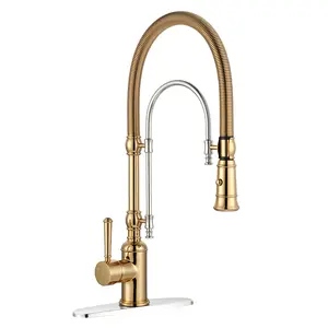WOWOW Single Handle Deck Mount Gooseneck Pull Down Sprayer Kitchen Faucet in Bushed Gold and Chrome