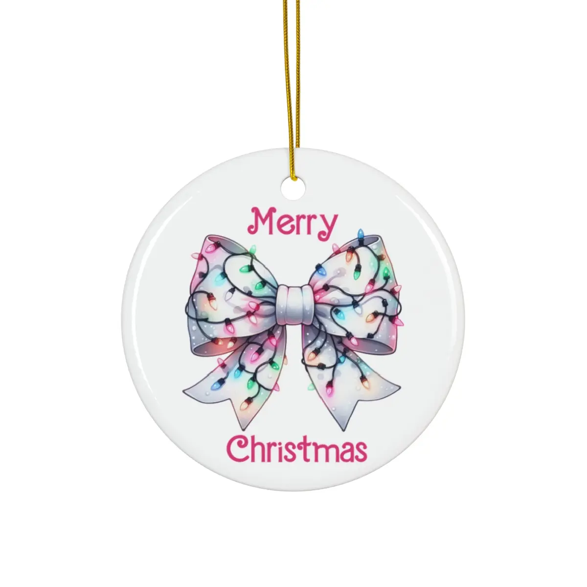 Girly Coquette Bow with Christmas Lights Merry Christmas Round Ceramic Christmas Ornament Tree Decoration