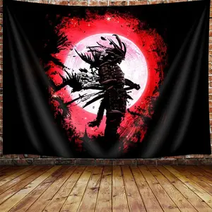 Anime Samurai Tapestry, Cool Japanese Black and Red Art Tapestry Wall Hanging for Men Bedroom, Asian Chinese Red Sun Tapestries Poster Blanket College Dorm Home Decor