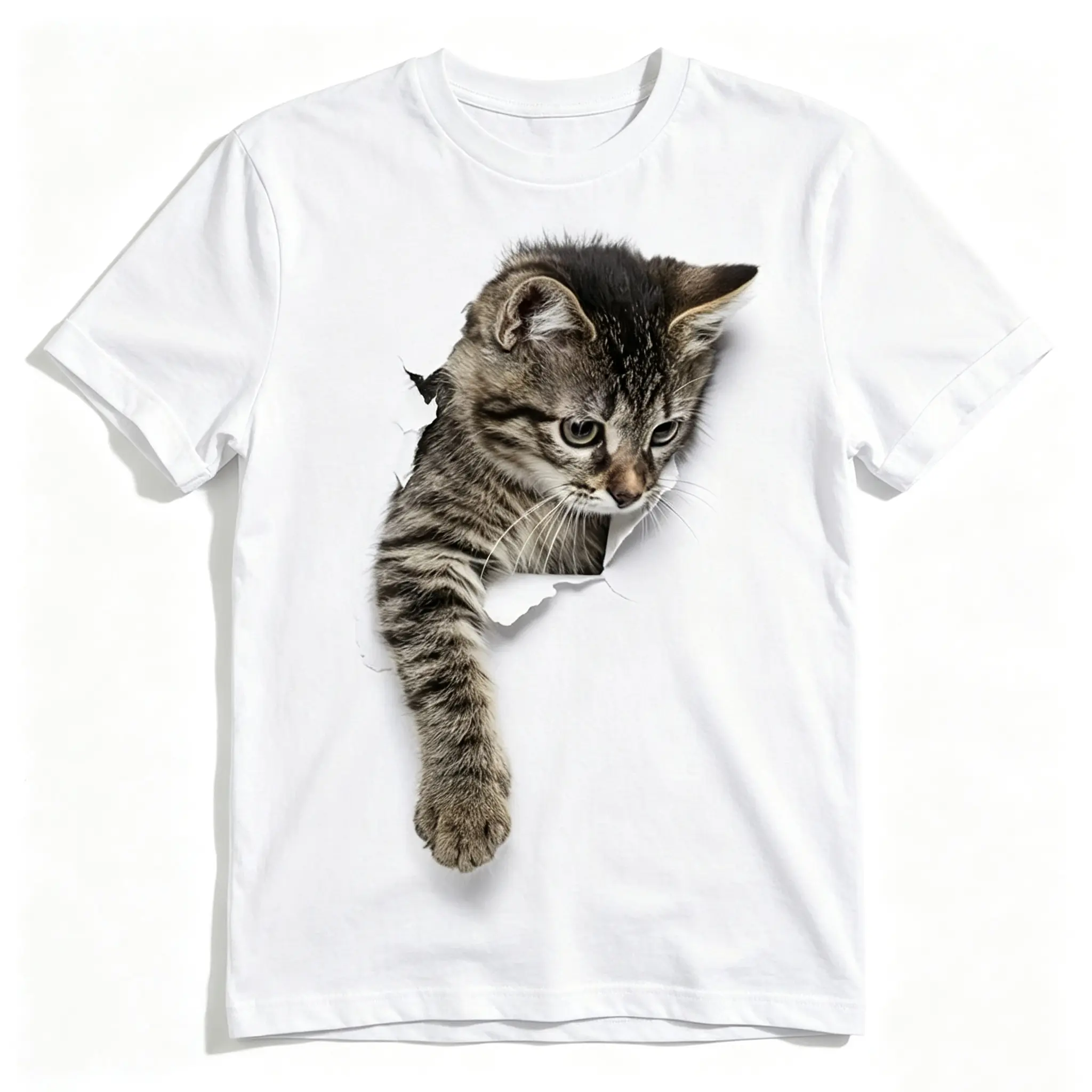 Women's Unisex Sporty Chic 3D Kitten Graphic Print Short-Sleeve T-Shirt - Back to School Haul, Round Neck, Relaxed Loose Oversized Fit, Machine Washable Minimalist Streetwear Basic Sports Top