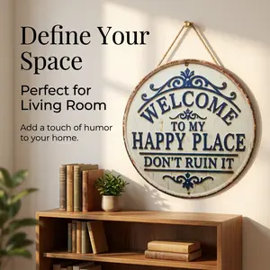Vintage Metal Welcome Sign 12x12 in Rustic Farmhouse Wall Decor Plaque with Welcome to My Happy Place Don’t Ruin It Quote Hanging Sign for Front Door Porch Entryway Home Decor