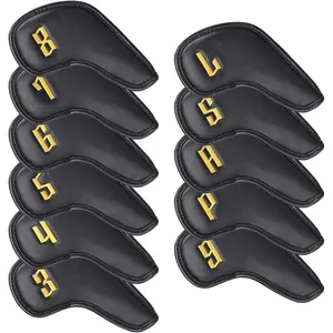Black 11pcs Golf Iron Covers Long Neck Iron Head Covers, Premium Leather with Yellow Number, Easy to Use, Waterproof, Anti-Wrinkle
