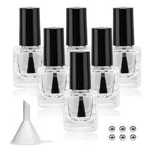 6PCS 5ML Black Empty Glass Rectangle Nail Polish Bottles with Funnel, Brush & Mixing Balls