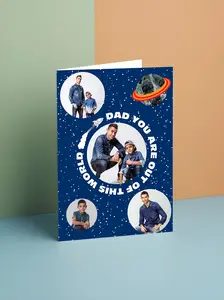 Personalized Dad Photo Card 5x8 Folded 10x8 Open – Custom Father’s Day Space Theme Card with Photos, Unique Gift for Dad from Kids – Turn Your Favorite Memories Into a Gift He’ll Treasure Forever