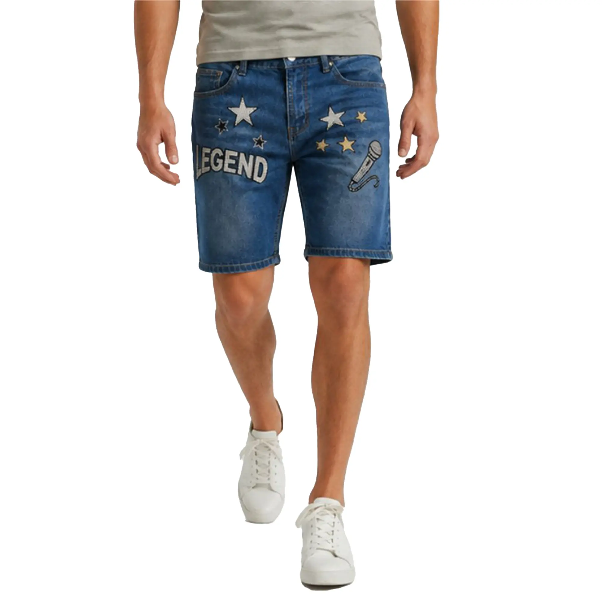 Men's Hip-Hop Denim Jorts with Rhinestone Legend Graphic, Loose Fit Distressed Knee-Length Cotton-Blend Streetwear, Menswear, Halloween, Jorts Outfits, Christmas, Polyester, Thanksgiving