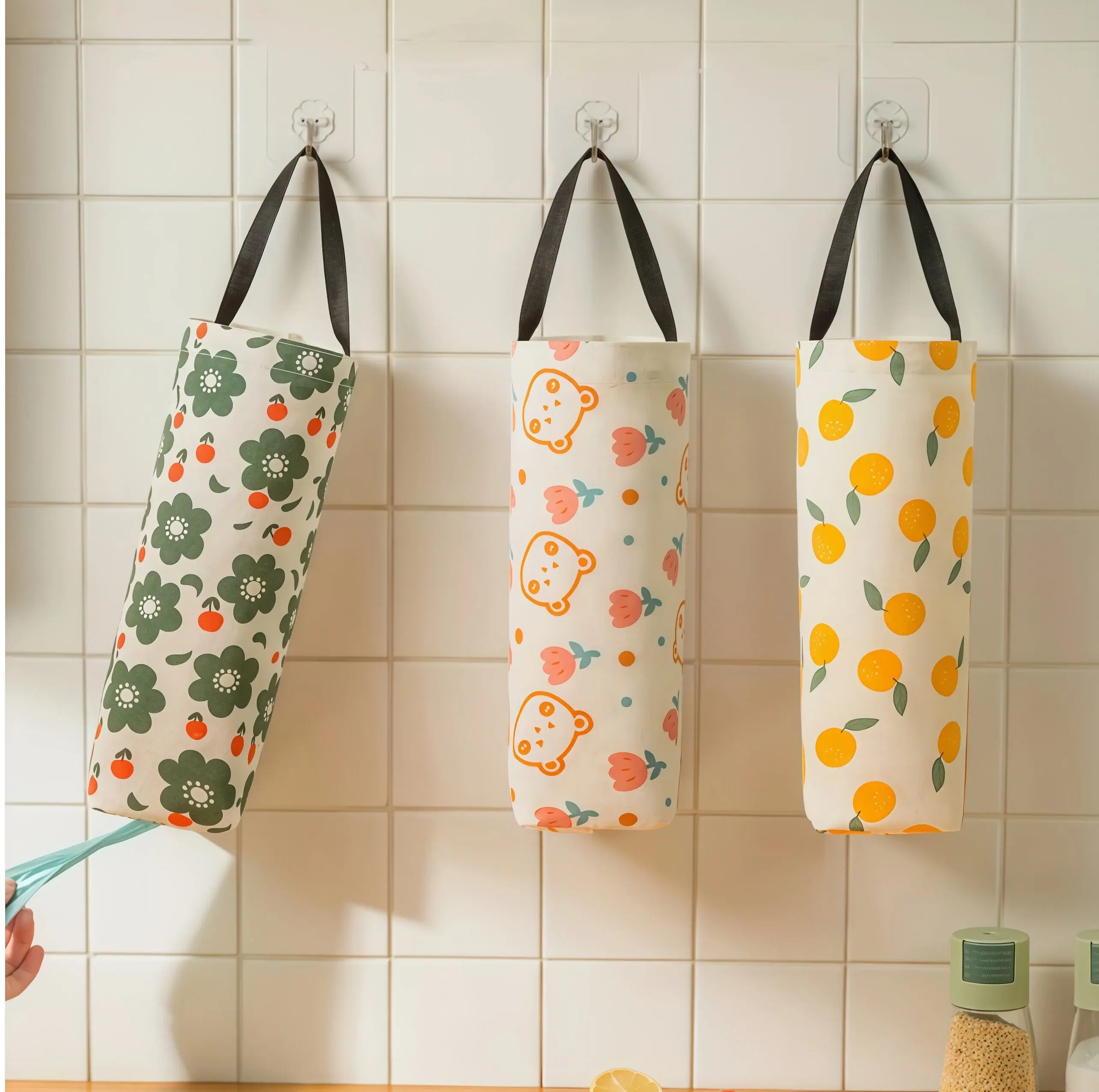 3PCS Cute Cartoon Print Hanging Plastic Bag Storage Holder, Wall Mount Waterproof Fabric Grocery Bag Organizer Dispenser, Large Capacity Reusable Shopping Trash Bag Storage Bag for Kitchen Bathroom Home Wall Daily Organizing