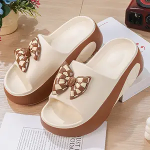 Women's Cute Checkered Bow Platform Slippers, Thick-Sole EVA Footwear, Non-Slip Waterproof Height-Boosting Slides, Stylish Comfort Shoes for Indoor & Outdoor Summer Casual Use Footwear Flatform Tsinelas Parent