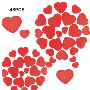 48PCS Red Heart Shape Iron on Embroidered Patches Love Red Appliques Valentine Red Heart Love Patches