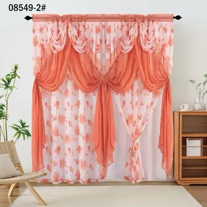 Two Panels Contain Red Floral Sheer Curtains with Elegant Swag and Tie Backs for Living Room Decor