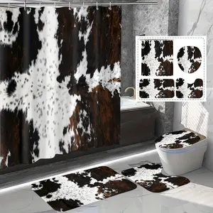 HOT 1/4pcs Cow Pattern Shower Curtain Set  Waterproof Shower Curtain With 12 Hooks  Non-Slip Rug  U-Shaped Toilet Mat  Toilet Lid Mat  Bathroom Decor Accessories Plastic Multicolor