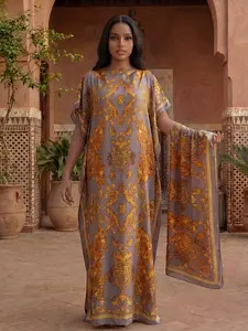 Women's Elegant Geometric Print Long Dress Matching Set, Slim-Fitting Moo Moo Skirt & Scarf, Beach Outdoor Sun Protection Shawl, All Seasons Fashion