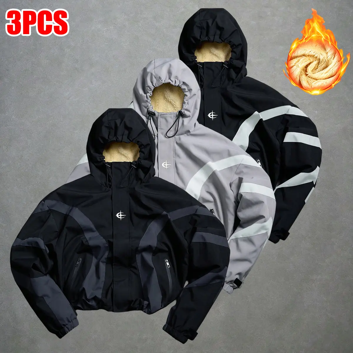 3Pcs Men'S Fall Winter Fleece-Lined Jacket - Outdoor Durable Thickened Windproof Hooded Coat - Machine Washable Stretch Fabric with Zipper Pockets And Thickened Winter Fleece Jacket