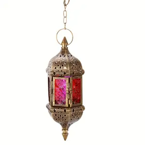 Moroccan style hanging lantern candle holder, 15.7-inch chain, metal and glass, wall-mounted, pastoral theme, painted finish, no electricity required, suitable for home garden Christmas decoration.