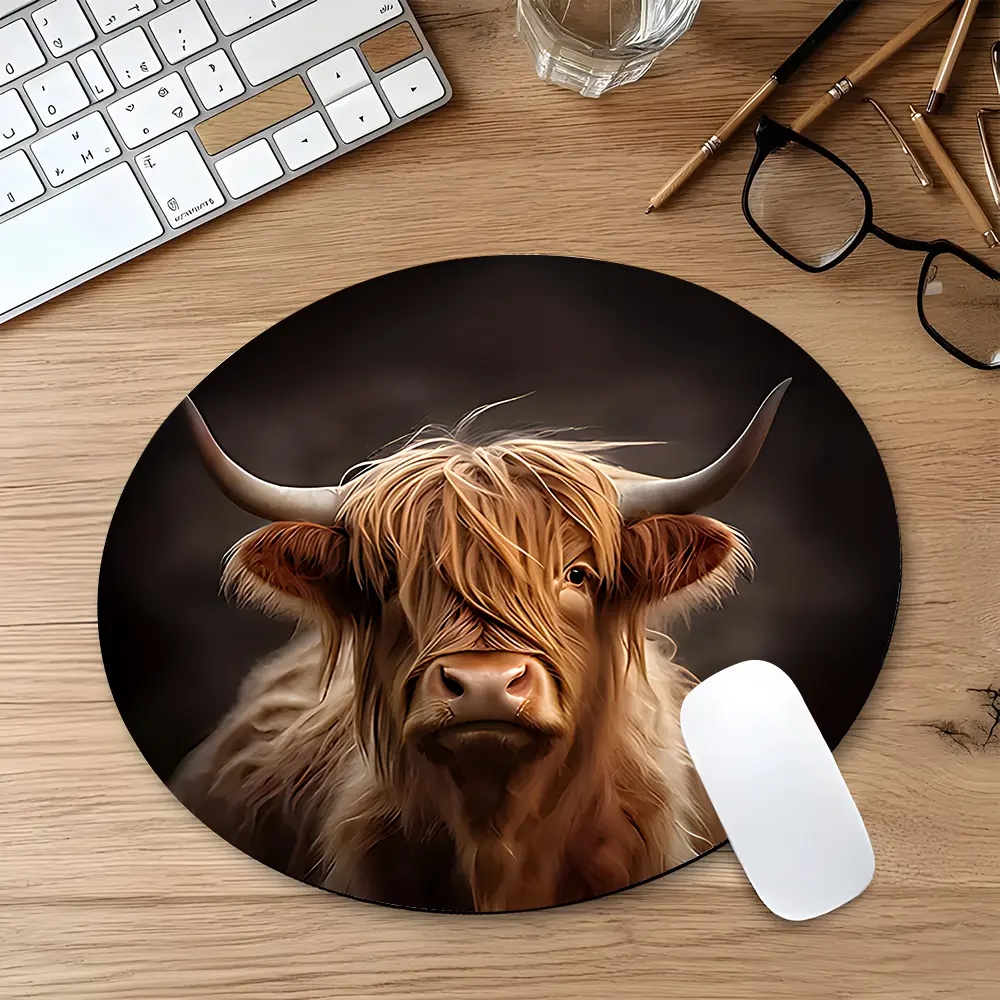 Highland Cow Design Round Gaming Mouse Pad, Aesthetic Desktop Decorative Protective Pad, Desktop Accessory, Rubber Anti-slip Lockedge Work Pad, Small Size Suitable for Laptop, Desktop Computer Games, Work, Family, Mousepad