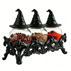Gothic Witch Hat Spice Jars, Spice Containers, Handmade Vintage Glass Spice Bottle Set with Base and Decorative Lids, Perfect for Pepper, Salt and Kitchen Seasoning Storage, Halloween Kitchen Decor and Home Gift, Kitchenware