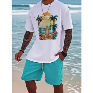 Men's Tropical Beach Graphic T-Shirt - 180g Lightweight Breathable Fabric, Relaxed Fit Round Neck, Machine Washable Black Tee with Palm Tree & Sunset Print for Summer Vacation, Family Outings & Casual Wear, Comfortable Casualwear