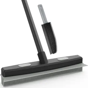 Yeabett Rubber Pet Broom with Squeegee, Pet Hair Remover 56 Inches Long Handle, Portable Detailing Lint Brush Fur Removal for Fluff Carpet, Window, Tile, Floor Cleaning, Grey
