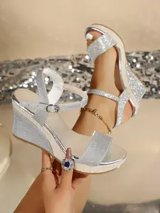 Summer Silver Color Sequin Wedge Sandals for Women, Versatile Buckle Thick Sole Heeled Shoes, Perfect for Parties and Dates