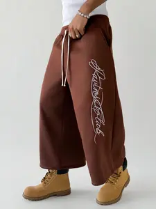 Men's Brown Wide Leg Pants, Vintage Handwritten Script Embroidered Drawstring Trousers For Streetwear & Casual Daily Wear