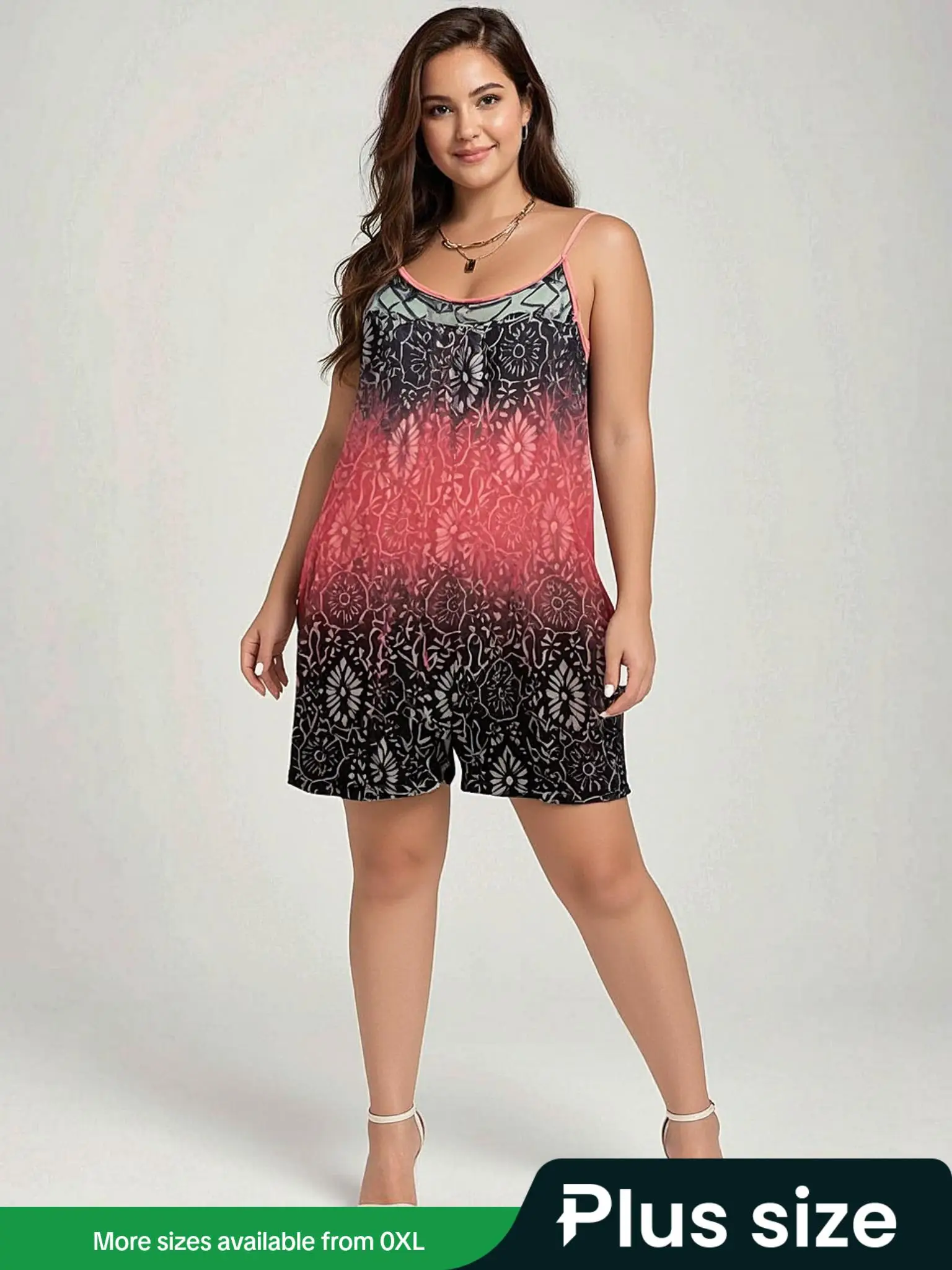 【Plus Size】Womenswear Ombre Floral Print Contrast Binding Sleeveless Cami Romper, Comfort Style Outfits, Casual Style Adjustable Spaghetti Strap Pocke