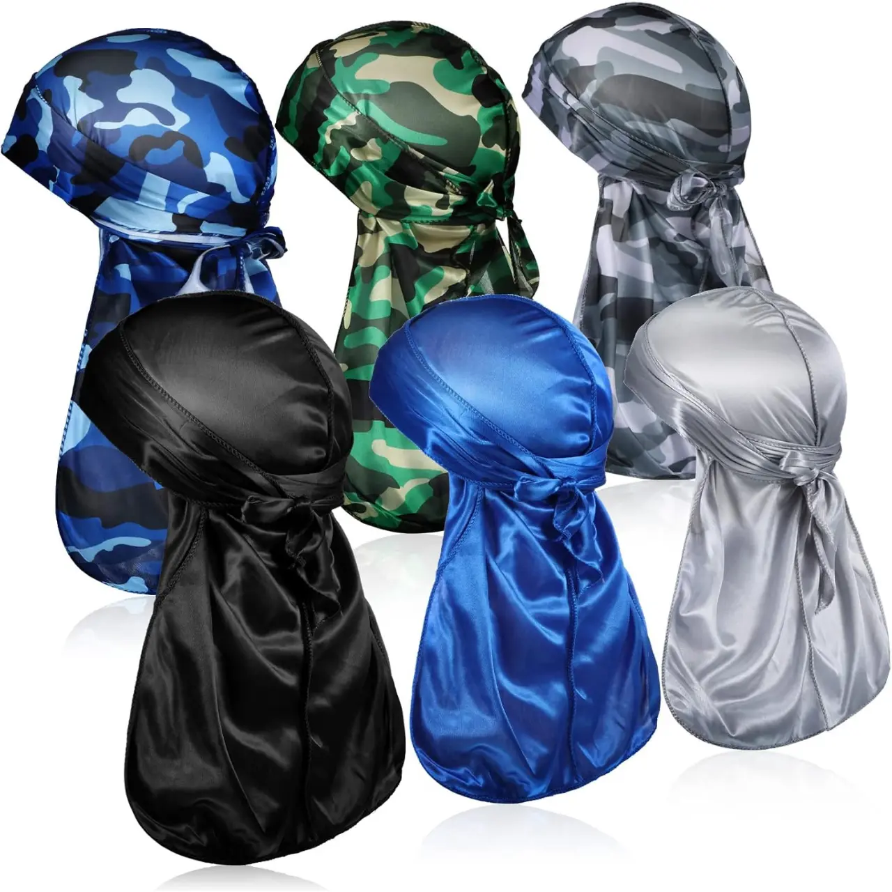 6 Pcs Silky Durags for Men with Long Tail and Wide Straps Camouflage Do Rags Colorful Satin Headwraps for 360 Waves Men and Women