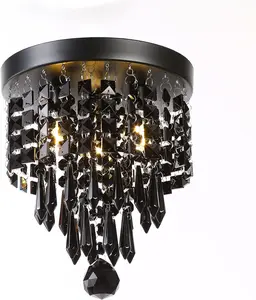 Mini Chandelier 3 Lights Black Crystal Chandelier Lighting,Elegant Modern Flush Mount Ceiling Light Fixtures for Bedroom,Hallway,Closet,Aisle