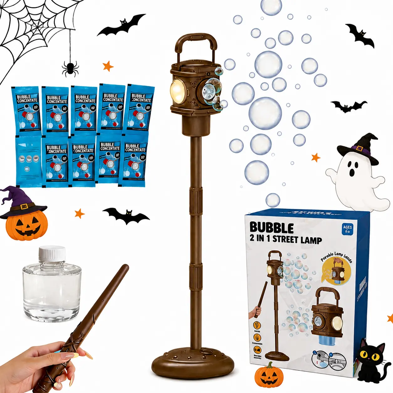 Outdoor bubble machine vertical bubble maker with adjustable height stand - Night light LED, handheld or remote control (30m wireless remote), large bubble output for backyard parties & Halloween decor