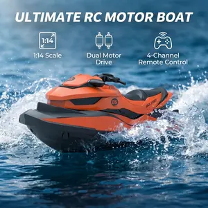 RC Jet Ski Boat, 2.4GHz High Speed RC Boat Toy, 1:14 Scale dual motors, 50m range, 180° auto flip recovery, waterproof & auto water start. Summer outdoor toy for kids & adults, fits pool lake river, nice birthday & holiday gift.
