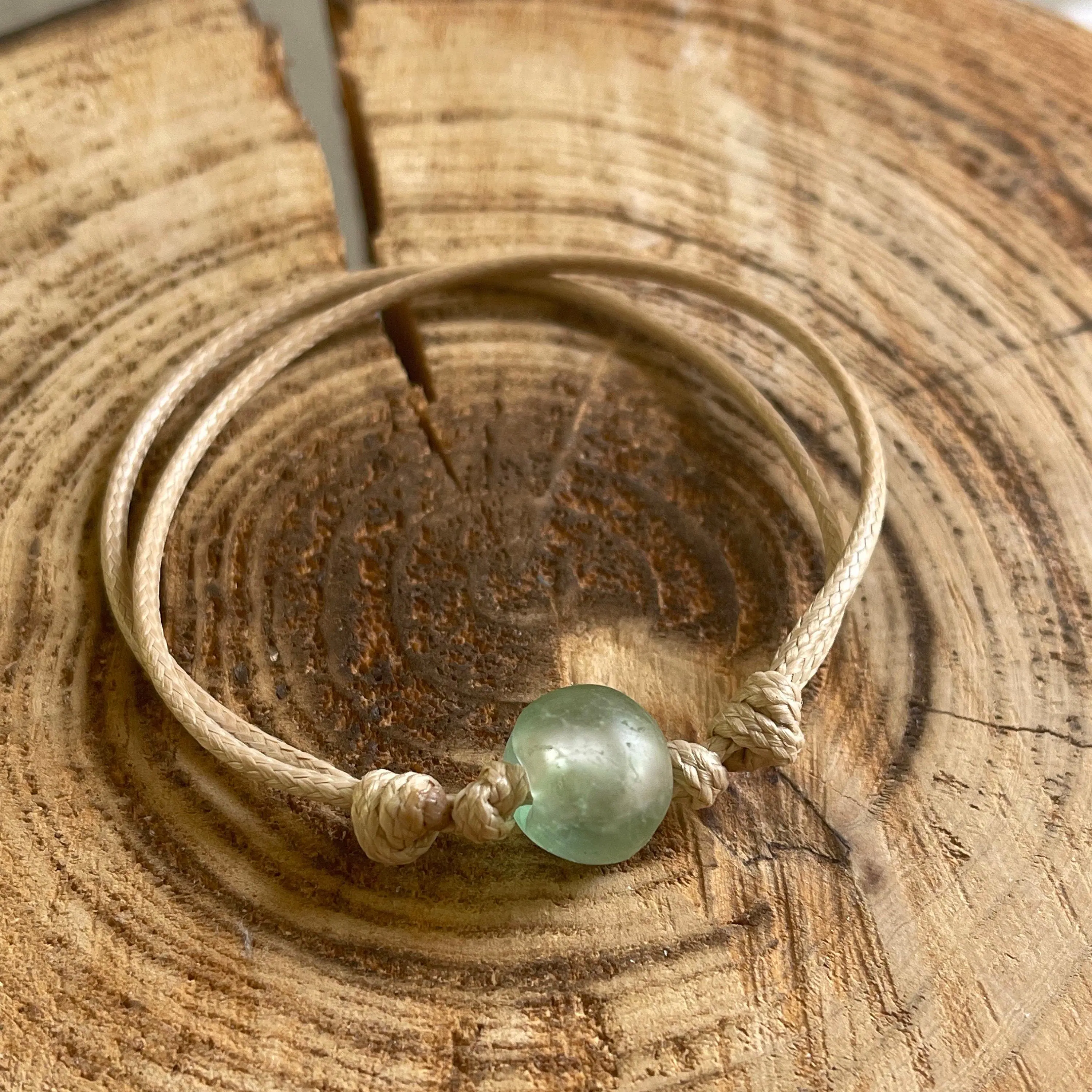 Green Sea Glass Anklet, Natural Tan Waterproof Anklet, Surfer Anklet, Unisex