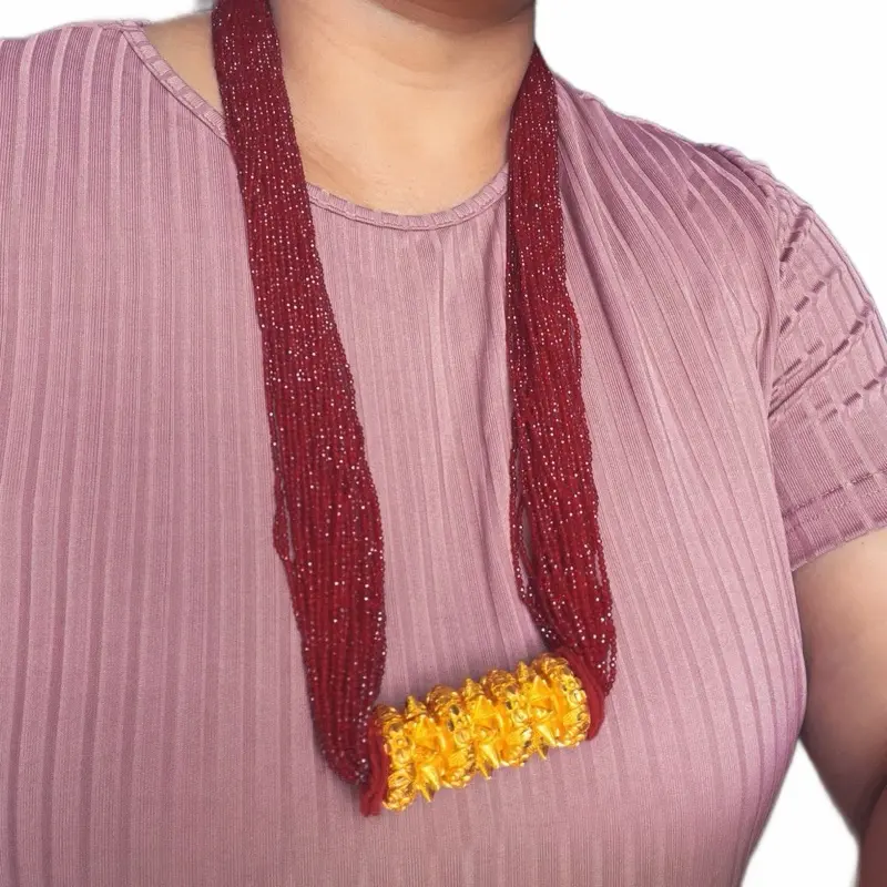 Ethnic Tilhari Necklace for Female, Genuine and High-Quality 40-String Maili Design with Hydro Crystal Potey and Gold-Tone Bhukkey, Enhances Any Outfit, Auspicious, Elegant