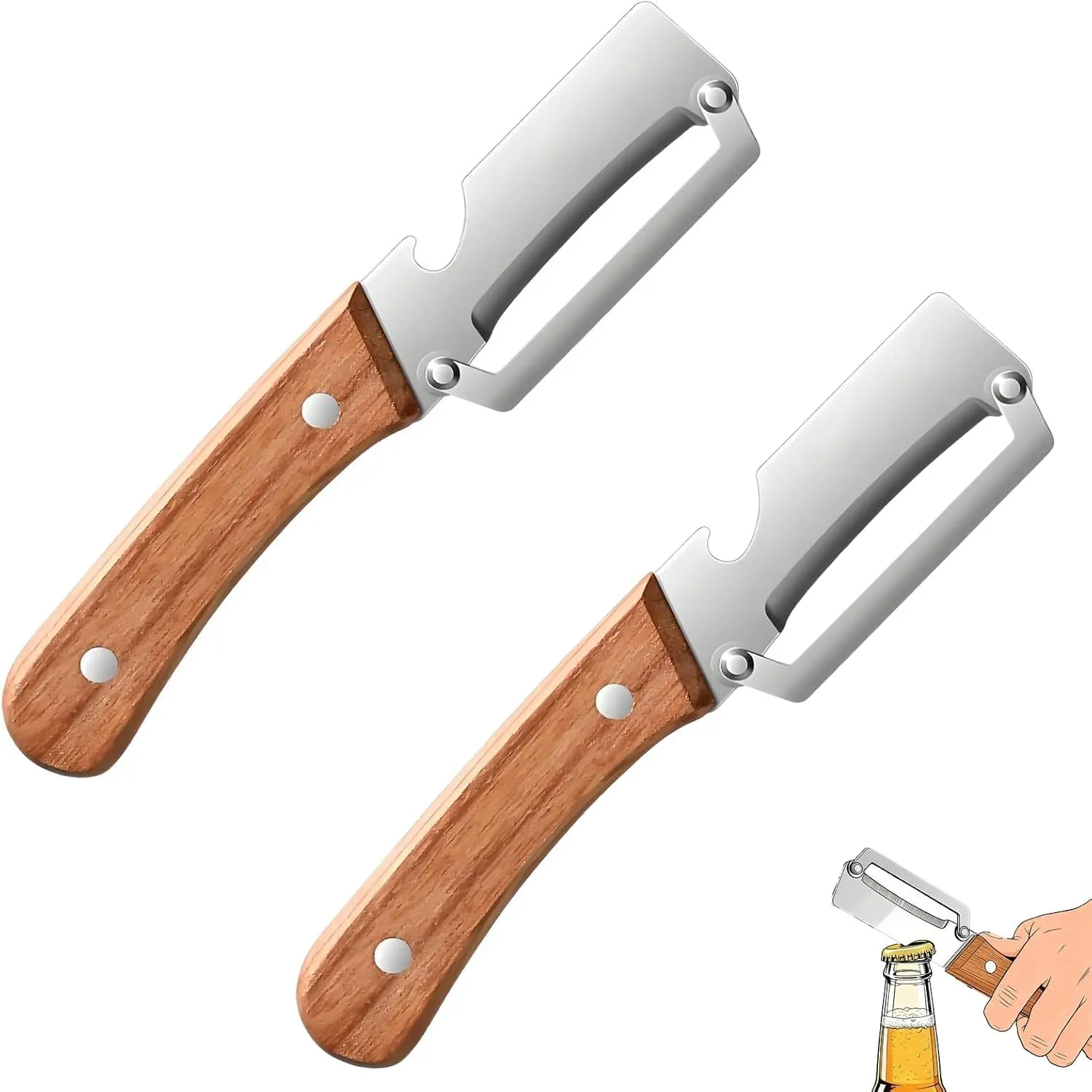 2Pcs Multi-Use Stainless Steel Fruit & Vegetable Peelers - 2-in-1 Home Improvement Kitchen Utensils, Rustresist Blade for Peeling Soft & Hard Produce, Ergonomic Wooden Handle Eases Long Prep, Bottle Opener, Waste-Reducing Food Prep Tool