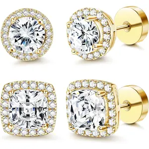 Flat Back Round Square Stud Earrings for Men Women Large Big Cubic Zirconia Stud Earrings Mens Earrings Flatback Earrings